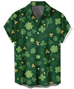 Mens 2026 ST Patricks Day Shirts Clover ST Pattys Day Funny Hat Dwarf Green Printed Short Sleeve Button Down Shirt St.Patrick's Day07 XL
