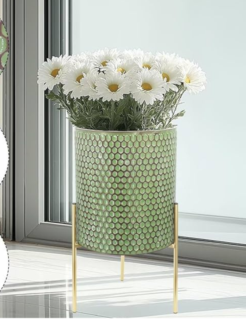 Growsun Plant Pots with Stands, Set of 3 - Indoor Flower Pots with Drain Holes & Rubber Stoppers, Includes Clear Plastic Nursery Pots - Stylish Modern Home Decor for Living Room, Office, and Balcony