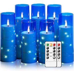 Flameless Candles with Embedded Star String, Battery Operated LED Pillar Candles with Timer and Remote Control, Home Decorating for Ambiance, Set of 7 (Blue)