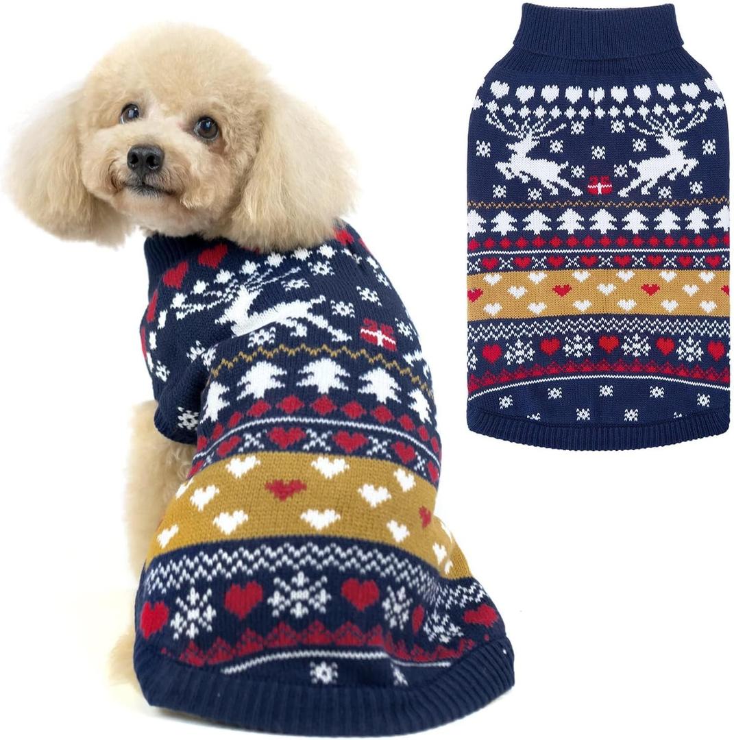 PUPTECK Christmas Dog Sweaters for Cold Weather, Soft Outfit Warm Winter Coat Knitted Dog Clothes for Small Medium Large Doggies Puppy Indoor Outdoor Walking, Colorful Design, Classic (Navy)