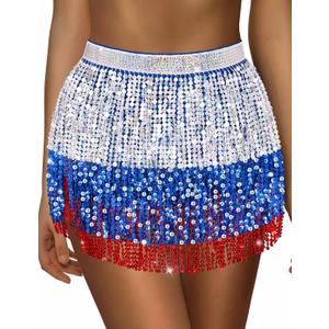 Sequin Skirt Sparkly Skirt Belly Dance Skirt Glitter Skirt Rave Sparkle Skirt Sequin Tassel Skirt Fringe Hip Scarf Women (One Size, Silver/Blue/Red)