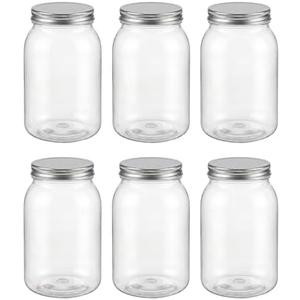 novelinks 32 oz Clear Plastic Jars with Lids, 6 Pack Large Plastic Mason Jars with Lids 32oz, Reusable Quart Containers for Kitchen Organization (6 Pack,Silver)