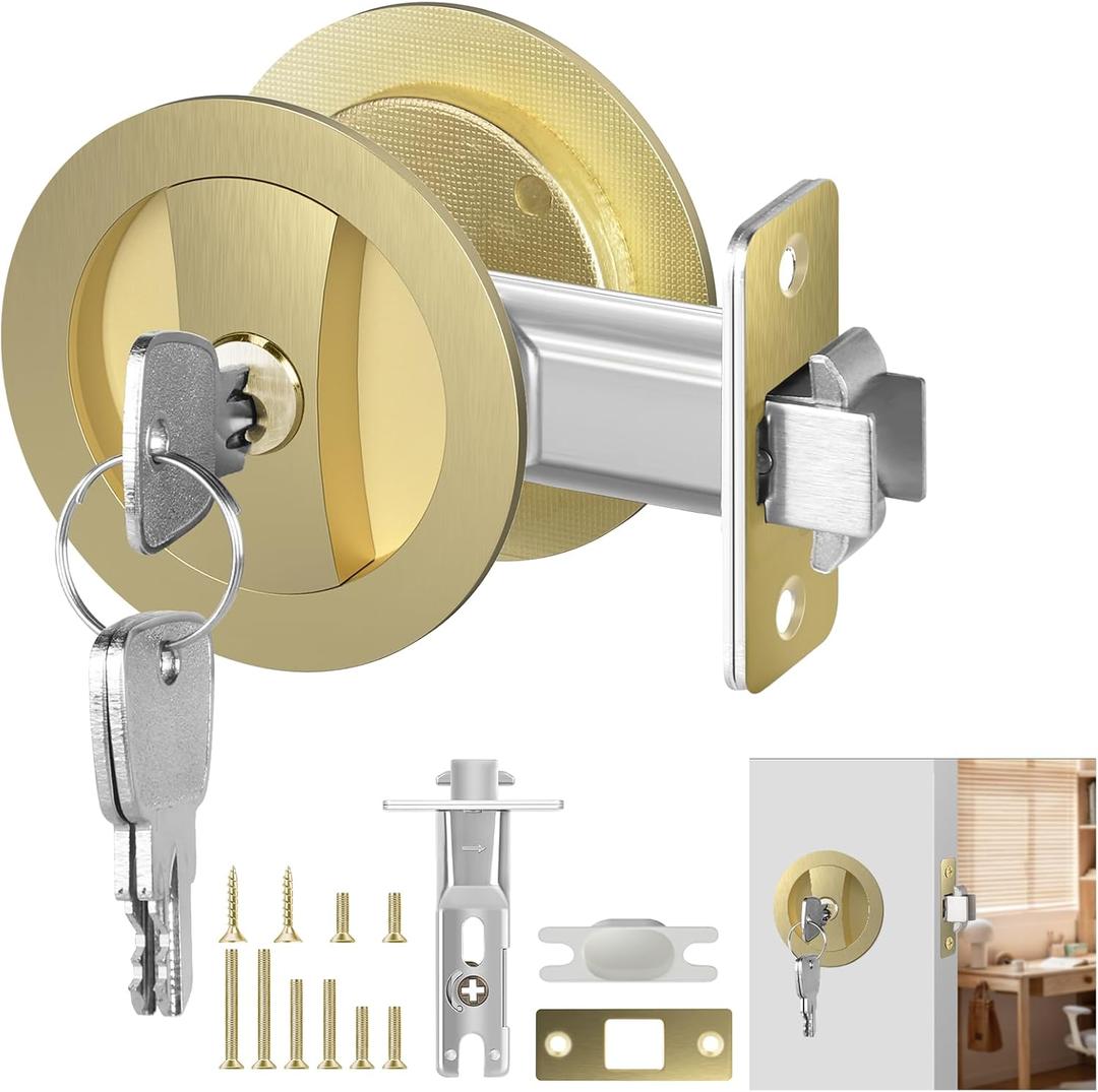 Round Pocket Door Lock - Brass Recessed 2 Sided Handle Pull Pocket Door Hardware, Sliding Pocket Door Lock with Key, Pocket Door Latch for Bed/Bath, 2-3/8" Backset, Gold (Entrance)