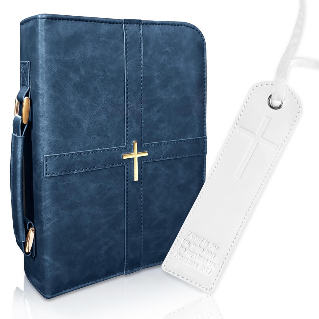 Bible Case, Vibrant & Inspiring Bible Cover, with Romans 8:31 Bookmark, Blue Bible Cover Case for Women or Men, Elegant Bible Bag, Durable PU Leather Book Cover