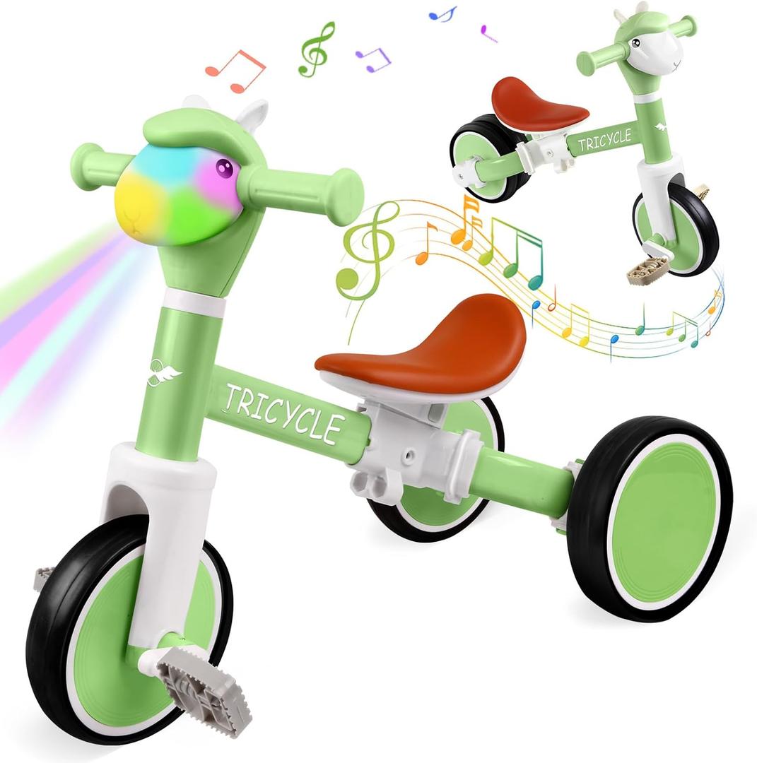 Toddler Balance Bike for Boys Girls, Tricycle for Toddlers 1-5 Year Olds, Toddler Tricycle with Light & Music Front, Kids Bicycle with Removable Pedal, Birthday Gifts for 1 2 3 4 5 Year (Green)