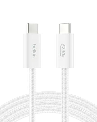 Belkin USB C to USB C Cable, 6.6ft, 240W - Type C Charger, iPhone Charger Cord, Soft, Braided, Flexible for iPhone 17, Galaxy S25, Pixel 10, MacBook, Chromebook, iPad Pro, Switch Steam Deck – White