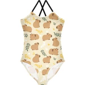 Girls One Piece Swimsuits Cute Capybara Simple Flower Yellow Pattern Cute Swimwear Bathing Suits, 9-10 Years