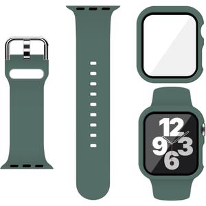 Sport Silicone Band and Case with Screen Protector for Apple Watch Series 11 Series 10 Series 9 Series 8 Series 7 Series 6 SE(Gen 1,2,3) Series 5 Series 4 (Pine Green)