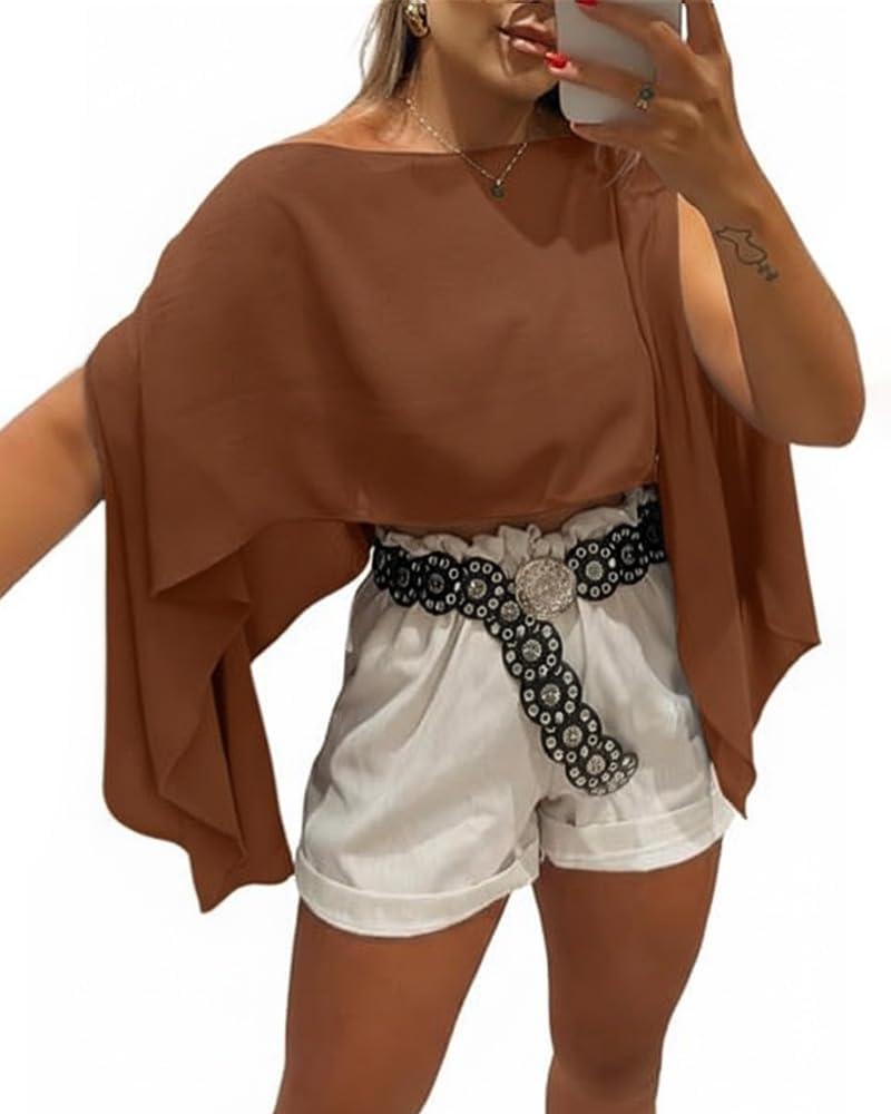 CHICME Womens Off The Shoulder Flowy Tops Casual Batwing Slit Sleeve Blouse Loose Shirt with Bandeau Top (X-Large, Brown)