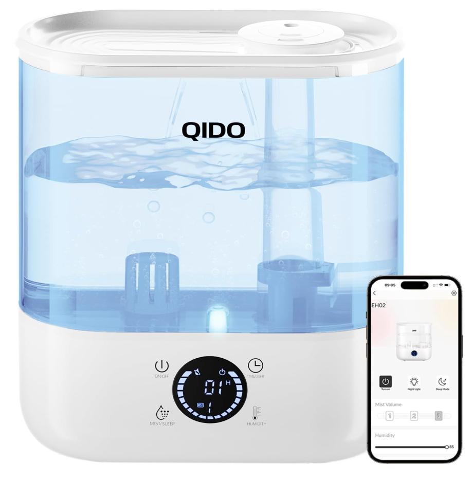 QIDO Top Fill Humidifiers for Bedroom, 5 L Cool Mist 36H Super Long Time, Quiet 28dB Essential Oil Diffuser for Baby & Plants, 3 adjustable Mist with Touch/APP/7-color Nightlight, White