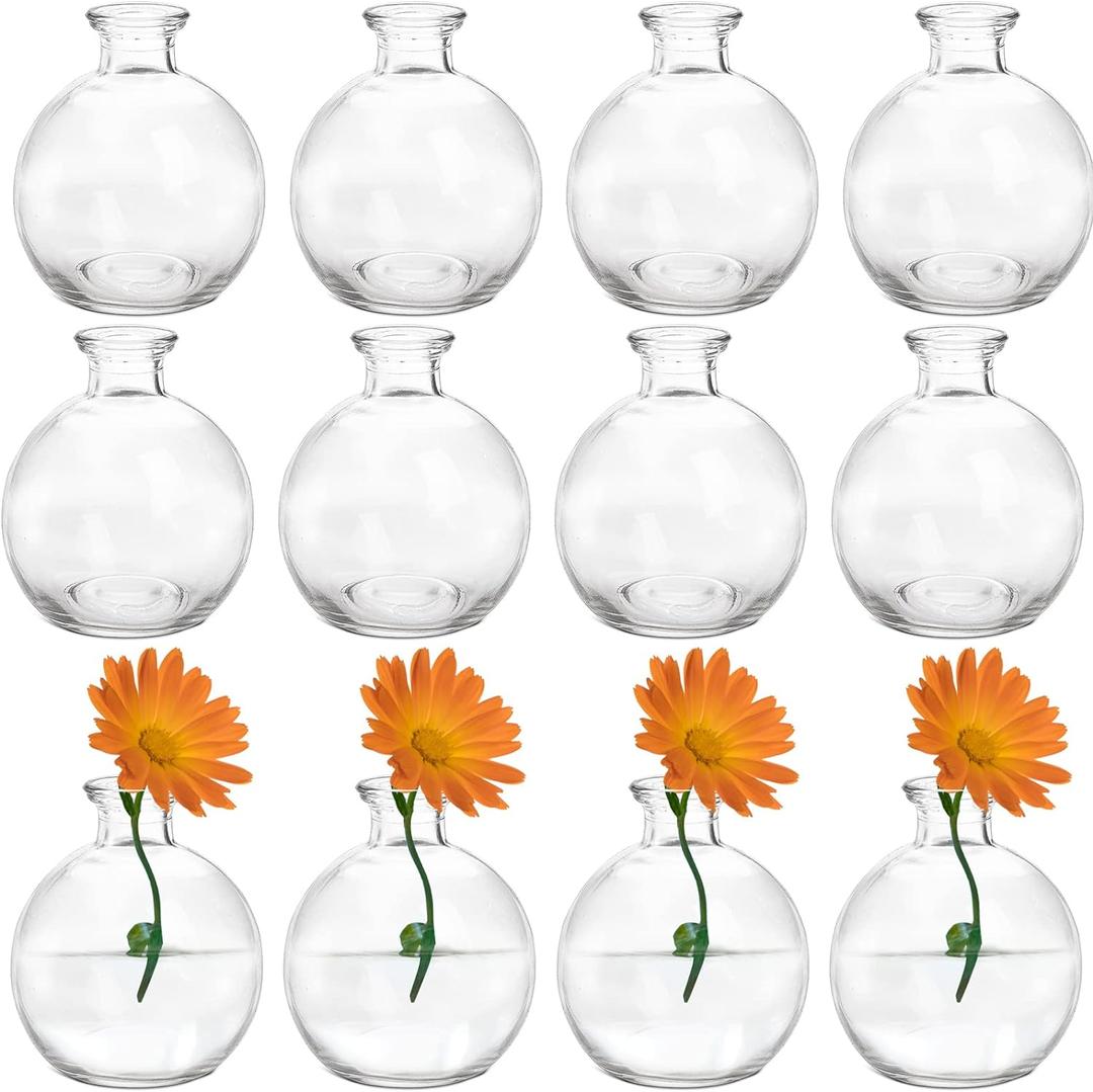 SOUJOY Set of 12 Small Glass Ball Bud Vase, Unique Mini Low Sitting Flower Vase, Clear Floral Centerpieces for Home Decor, Weddings, Floral Arrangements, Events, Parties