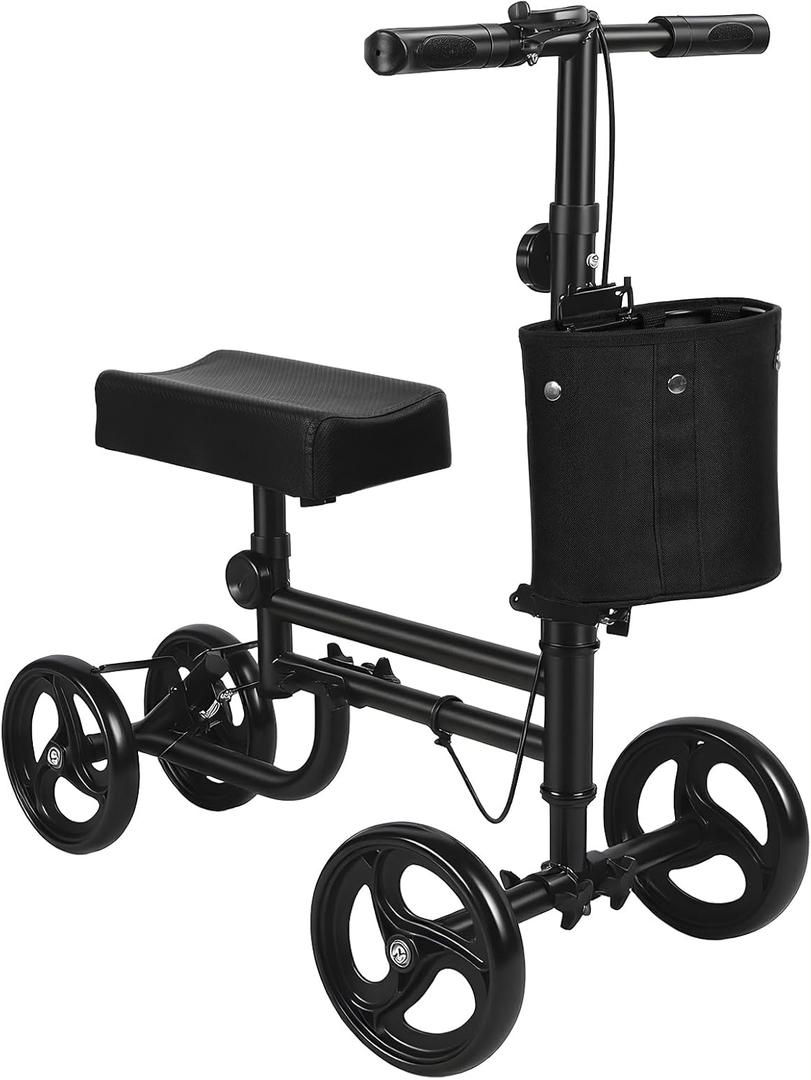 All Terrain Foldable Knee Scooter Walker - Adjustable Medical Crutch Alternative with Storage Bag & Shock Absorption, Ideal for Foot, Ankle, or Leg Injuries Black