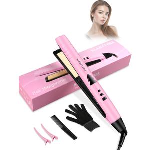 Lightweight 2 in 1 Hair Straightener & Curler, Titanium 3D Floating Plates 15s Instant Heating, Negative Ion Tech for Smooth Hair, Mini Portable with Pouch & Anti-Scald Glove, Pink