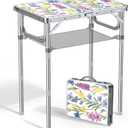 Anbte 2ft Folding Camping Table, 3 Adjustable Height Max 27.5" Small Folding Table with Storage Net Lightweight & Portable with Carry Handle, for Outdoor Indoor Camping Beach BBQ RV, Blooming Floral (Spring Blossom)