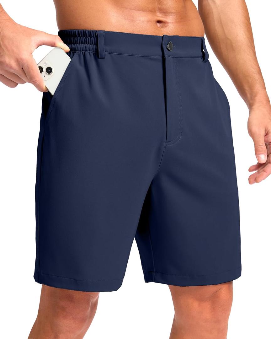 Pudolla Men's Casual Shorts 7"/9"/5" Lightweight Golf Shorts with 3 Pockets Stretch Quick Dry Comfy Work Shorts (Blue, L)