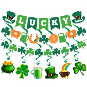 2 x 15Pcs St Patricks Day Decorations St Patricks Day Decor Pre-Assembled Shamrock Lucky Banner Clover Garland Banners Hanging Swirls for Irish Party Supplies Saint Patricks Day Decorations