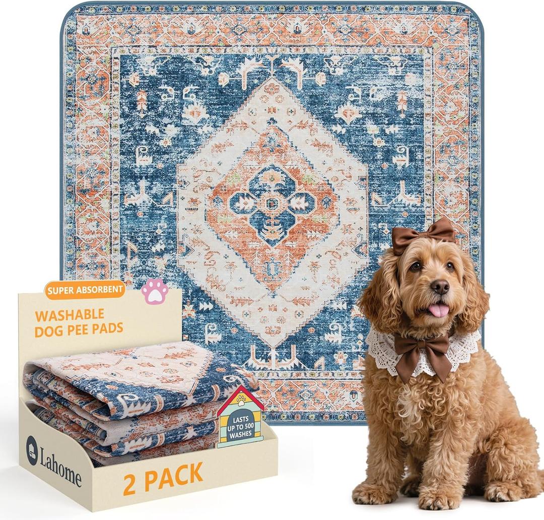 Lahome Super Absorbent & Leakproof Washable Dog Pee Pads - 2 Pack Value Set - Waterproof, Non-Slip Reusable Pads for Puppy Training, Crates & Whelping (24"x24", Beige Blue)
