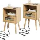 Labcosi Nightstand with Charging Station, Bedside Table w 2 AC outlets and 2 USB Ports, Night Stand with Open Shelf, 23.63" Nightstand w Drawer, Mid Century Modern Night Table for Bedroom(Wood Color)