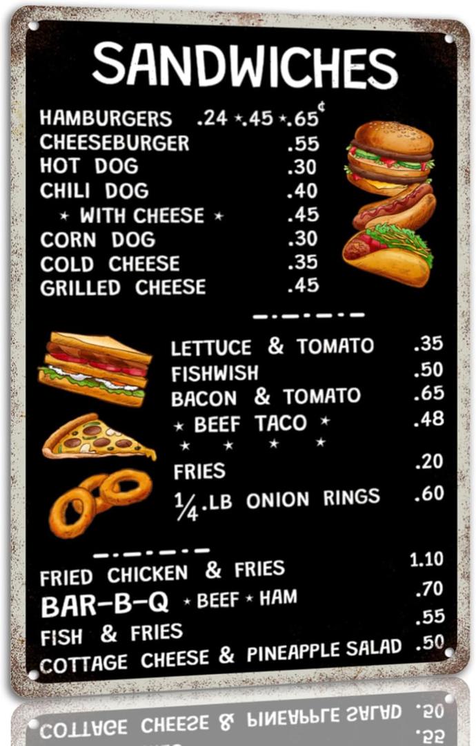 1940's Diner Menu Tin Sign Vintage Restaurant Metal Signs 50s Diner Decoration Retro Home Plaque For Kitchen Bar 8x12 Inches (P7)