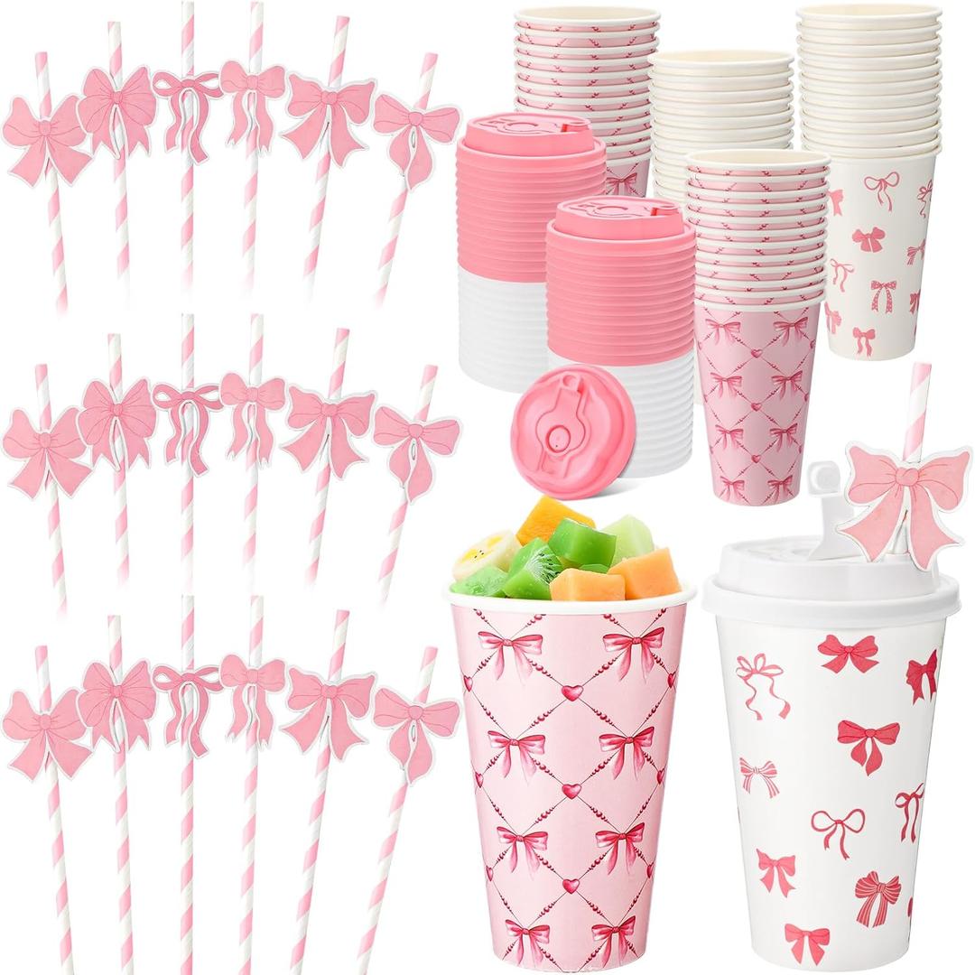 48 Pcs Pink Bow Party Favors Paper Cups with Lids and Straws 16 oz Birthday Party Decoration and Supplies Bachelorette Cups for Girl