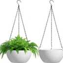 T4U 10 Inch Hanging Planters for Indoor Outdoor Plants - 2 Pack Plastic Hanging Flower Plant Pot with Drainage Hole, Round Hanging Plant Basket for Home Garden Porch Balcony Patio Decor (White)