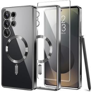 Magnetic Case Compatible with Samsung Galaxy S25 Ultra,Compatible with MagSafe,[Full Camera Protection][Screen Protector] Shockproof Plating Clear Phone Cover for Galaxy S25 Ultra(Black/Clear) (6.9 Inch)