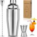 24oz Cocktail Shaker Set Martini Shaker Set Bartender Set with Margarita Mixer Drink Shaker, Measuring Jigger and Mixing Spoon - Professional 18/8 Stainless Steel Bar Tools for Mixed Drinks (3pcs, Silver)