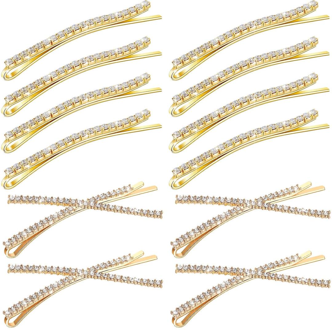 12 Pieces Rhinestone Bobby Pins Decorative Fancy Crystal Hair Clips Shiny Metal X Shaped Barrettes Bling Diamond Wedding Bridal Shower Hair Accessories for Women Ladies Girls (Gold)