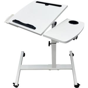 KUKKUME Overbed Table Height Adjustable Bedside Table Hospital Bed Table with 2 Tilting Desktops Mobile Laptop Desk with 2 Tilting Desktops Cup Holder Drawer for Office Home and Hospital White