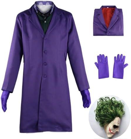 Adult Clown Mask Costume Purple Suit Set Vest Long Jacket Outfit Overcoat Halloween Knight Cosplay Man Teens Dress Up Size M