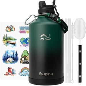 Insulated Water Bottle with Silicone Boot (36hrs Cold/18hrs Hot) - DIY Stickers, [2-in-1 Lid], BPA Free, 128 oz (Jungle-Black)
