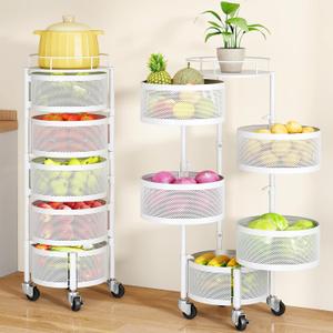 SAYZH Fruit Vegetable Basket for Kitchen, Rotating Storage Rack, 5 Tier Rolling Cart with top lid, Large Metal Wire Wheels (White)