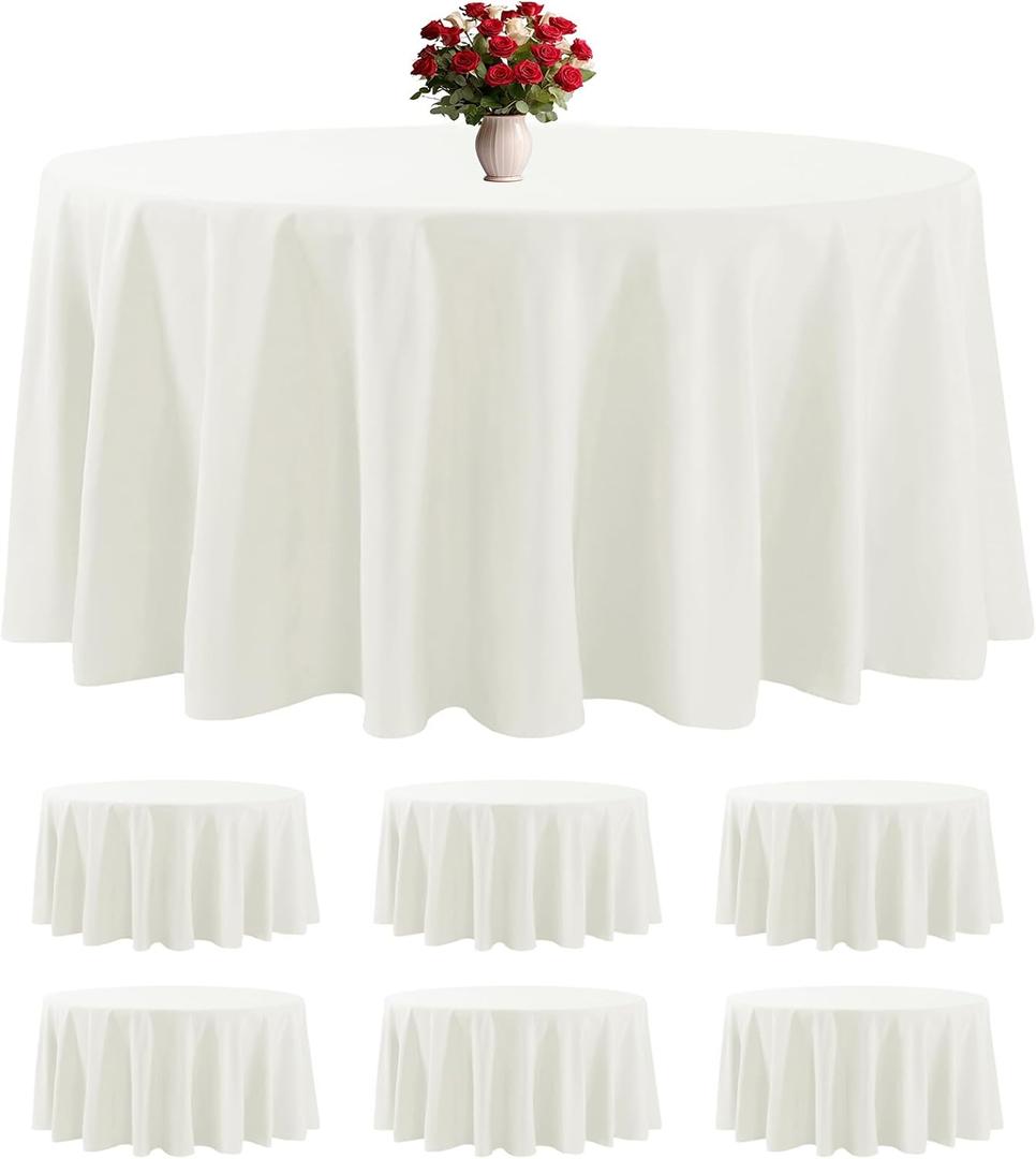 6 Pack Ivory Round Tablecloths 132 Inches Table Cloth Stain and Wrinkle Resistant Washable Polyester Table Cover Fabric for Party, Wedding,Dining,and Banquet Decoration