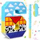 Blue Cow Number 6 Pinata for 6th Birthday Party Decorations, Perfect for 6th Birthday Party Supplies, Fiesta Anniversary Celebration Birthday Pinata with Stick Blindfold (Large 16 x 11.8 x 3.2 Inches)