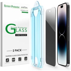 amFilm Auto-Alignment OneTouch for iPhone 14 Pro Max [6.7''] Privacy Screen Protector,Tempered Glass, 30 Seconds Installation, Bubble Free, Case Friendly, Anti-Scratch [2Pack]