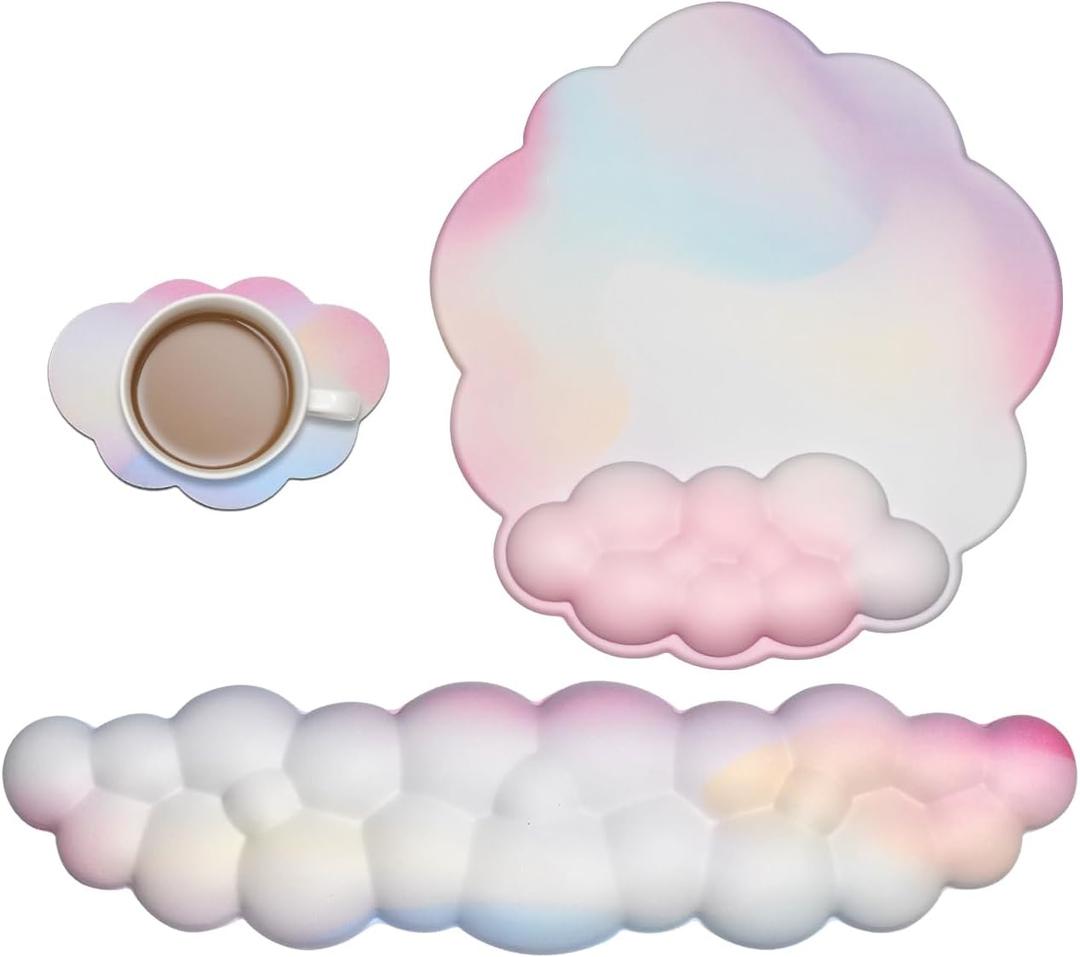 JIKIOU Cloud Mouse Pad Wrist Support, Upgrade Enlarge Leather Mouse Pads Keyboard Wrist Rest, Comfortable Memory Foam Wrist Rest for Computer Laptop Mac Gaming Office and Pain Relief Rainbow