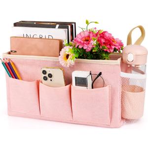 Bedside Organizer with Fixed Straps and Water Bottle Holder for Home, College, Dorm, Bunk, Hospital, Crib, Bed Rails - Pink