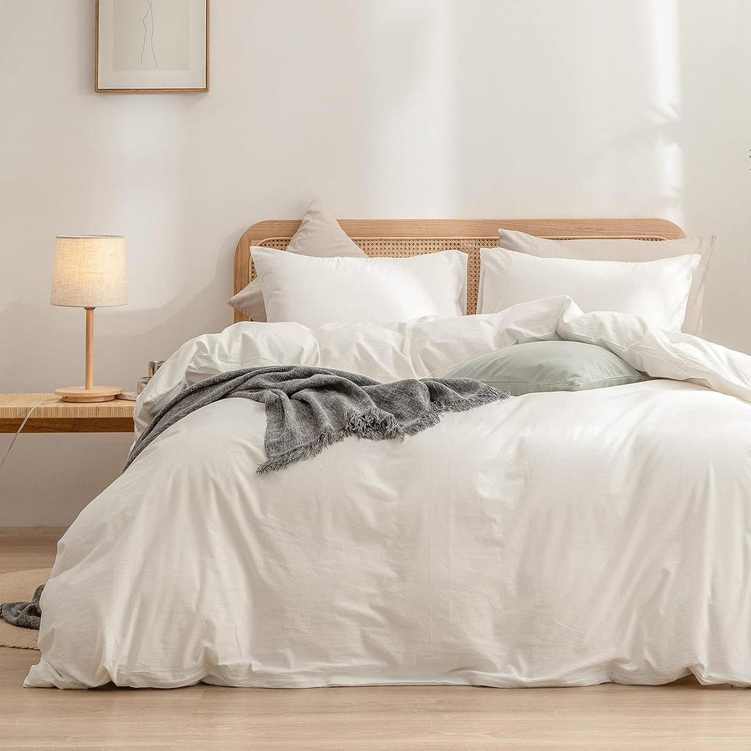 BESTOUCH Duvet Cover Set 100% Washed Cotton Linen Feel Super Soft Comfortable Chic Lightweight 3 PCs Home Bedding Set Solid Off White Queen (Queen (90" x 90"), Off White (No Comforter))