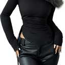 SweatyRocks Women's Asymmetrical Neck Fuzzy T Shirt Ruched Long Sleeve SLM Fit Party Tops (Small, Black)