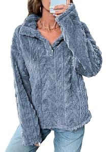 BLENCOT Womens Casual Half Button Down Collar Fleece Pullover Fuzzy Sweatshirt Jacket Pockets Trendy Warm Sherpa Sweater Long Sleeve Tops Coat Blue XL