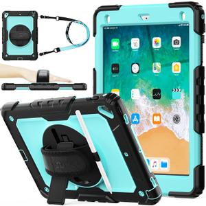 SEYMAC stock Case for iPad 6th / 5th Generation Case/Air 2 / Pro 9.7 inch, Heavy Duty Protective with Screen Protector, with Pencil Holder, Hand Strap, Shoulder Strap, 360 Rotate Stand, SkyBlue+Black