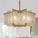 Gold Crystal Chandeliers for Dining Room, 24" Modern Drum Chandelier,Water Ripple Glass, Adjustable Height, Pendant Dining Room Light Fixture for Kitchen Island Hallway Entryway Foyer (24INCH)