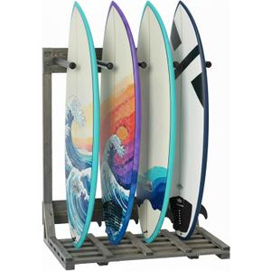 MyGift 4-Ft Tall Rustic Burnt Wood Freestanding Vertical Surfboard Rack, Wakeboard SUP Paddleboard Storage Rack - Holds up to 4 Boards (Vintage Gray)