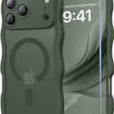 DOMAVER for iPhone 17 Pro Max Case for Women, 1X Screen Protector+1X Wrist Strap, [Compatible with MagSafe] [Full Camera Protection] Cute Wave Matte Phone Case for iPhone 17 Pro Max, Deep Green