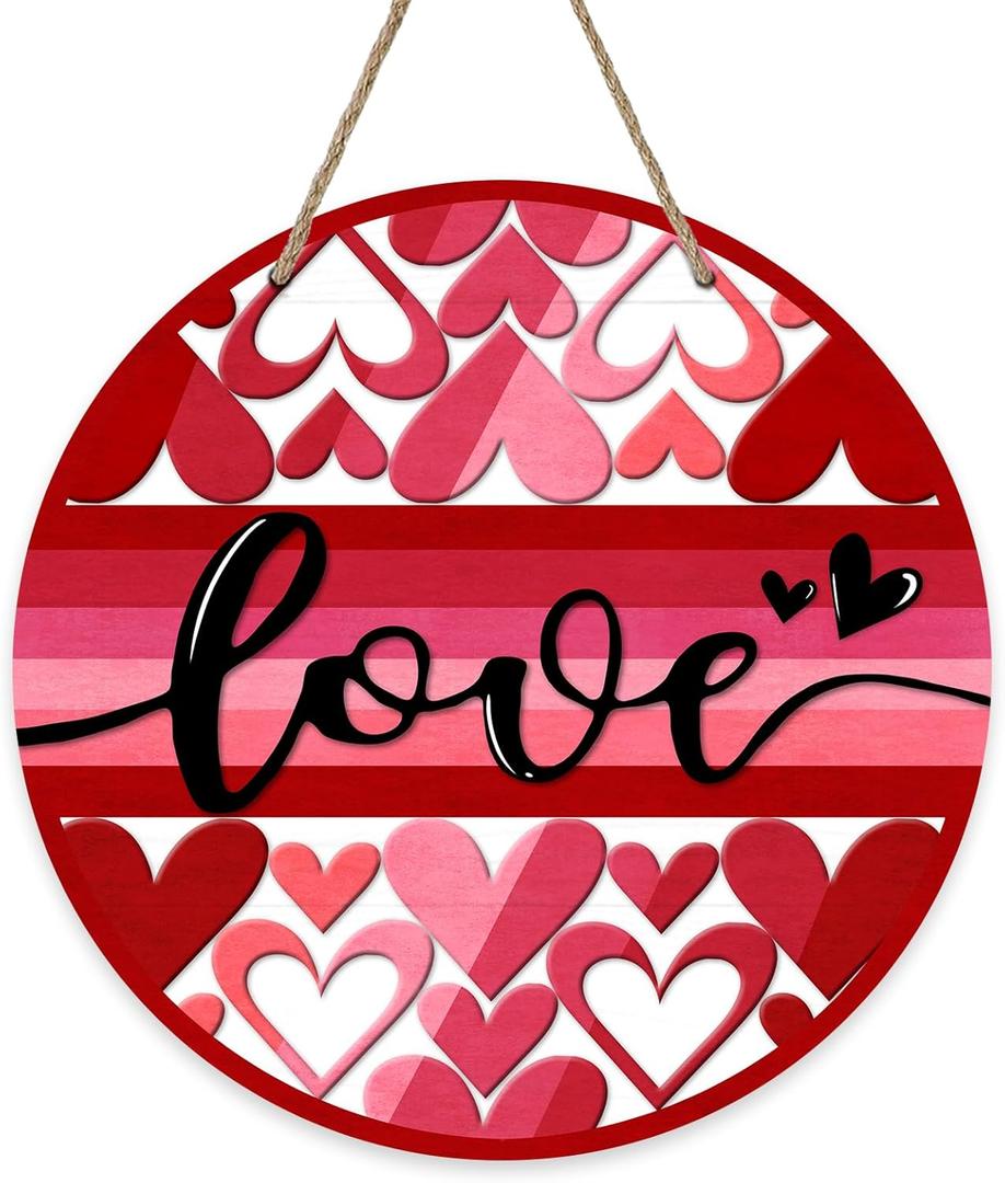 Valentine's Day Love Front Door Sign, Pink Red Hearts Wood Door Hanger Outdoor Outside Porch Decor, Anniversary Wedding Wooden Wreath Indoor Wall Hanging Decoration