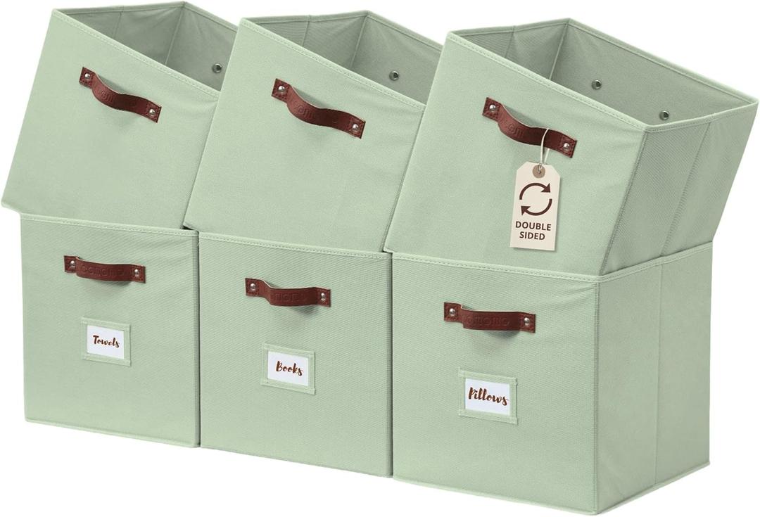DECOMOMO Storage Bins, Cube Storage Bin with Labels, Fabric Storage Cubes for Shelves (10.5" x 11" / Set of 6, Sage Green)
