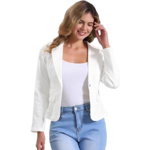 Allegra K Womens Jean Jacket Collarless Long Sleeve One Button Lightweight Denim Blazer Cropped Denim Jacket (X-Small, Beige Less White More)