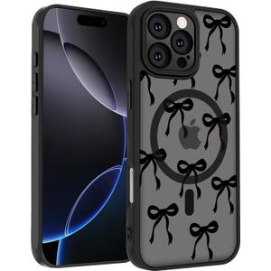 for iPhone 16 Pro Case, Black Cute Ribbon Bow Pattern Print Magnetic Case [Compatible with MagSafe] [Translucent Matte] Slim Shockproof Protective Bowknot Women Girls Phone Case 6.3"