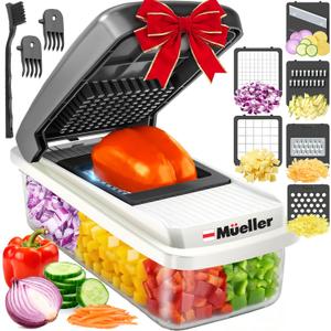 Mueller Vegetable Chopper Mandoline Slicer, Food Veggie Chopper, Cheese Grater, Onion Vegetable Cutter with Container, Dicer, Kitchen Gadgets & Essentials, White Sand/Grey (6 blade)