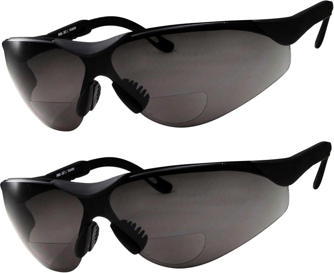 grinderPUNCH 2 Pairs Bifocal Safety Sunglasses Black Lens with Reading Corner - Fully Adjustable Arms (Diopter +1.50)